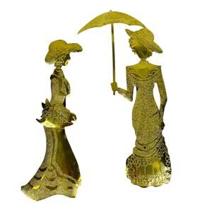 Tin Metal Victorian Lady Wall Art Set 2 Hanging Home Interiors Gold 10" Vtg